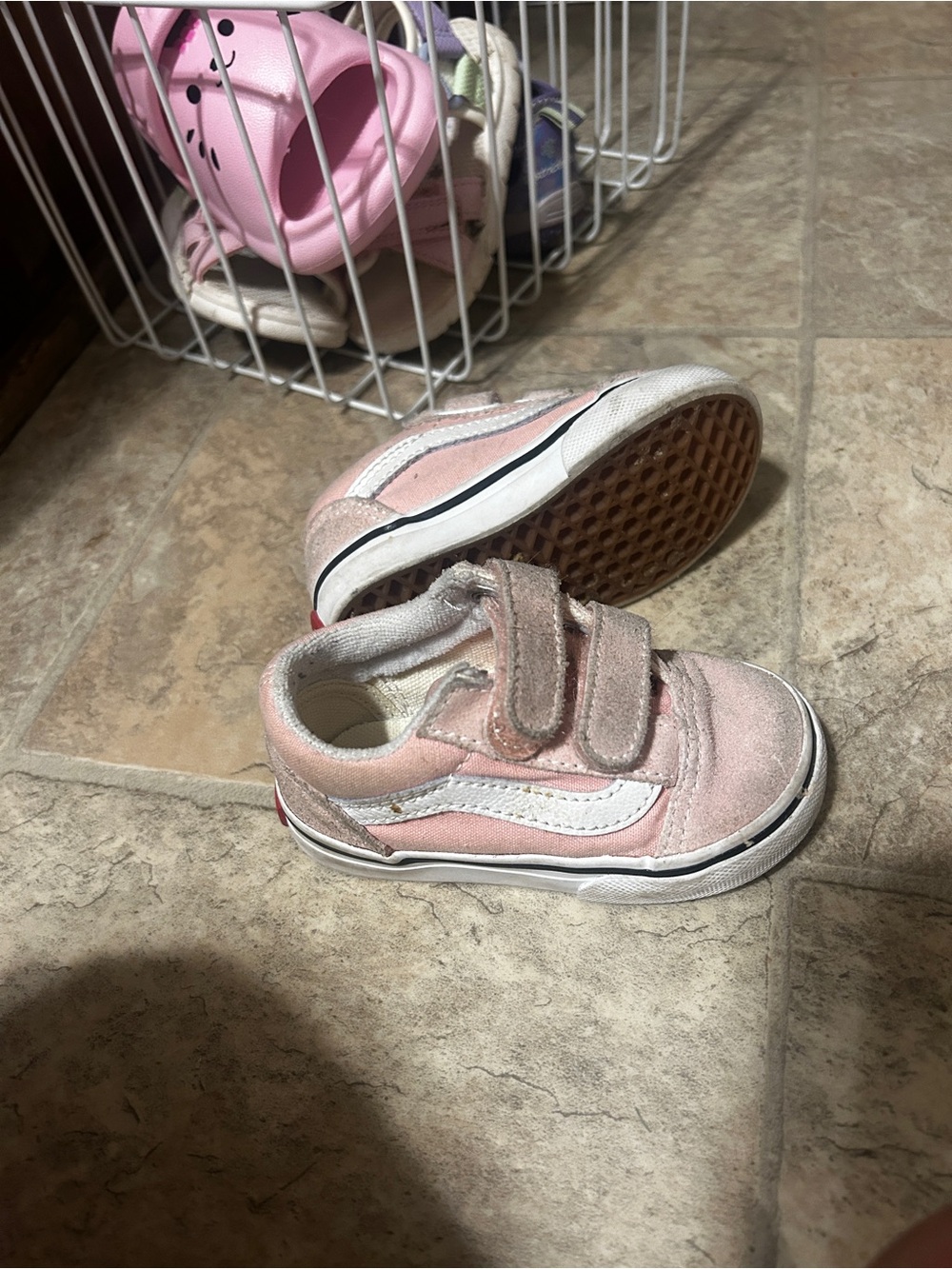 Vans Toddler Pink and White Velcro Skate Sneakers
